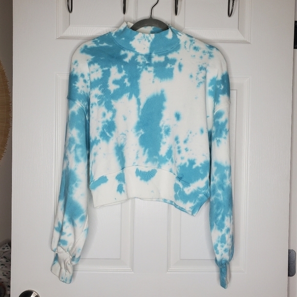 Spiritual Gangster Revolve Blake Blue Tie Dye Printed Rib Mock Neck Sweatshirt - Picture 4 of 9